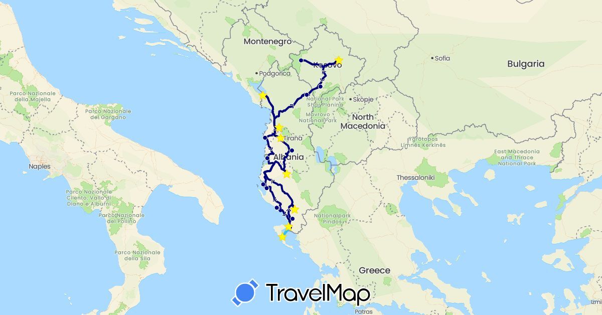 TravelMap itinerary: driving, boat in Albania, Greece, Kosovo (Europe)